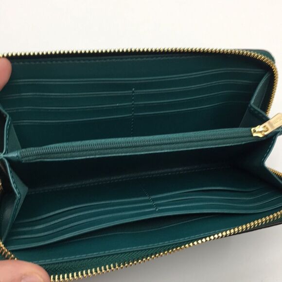 Coach Viridian Green Gold Studded Script Zip Around Wallet Accordion Zip Wallet - Picture 9 of 16